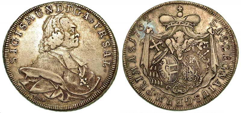 AUSTRIA - SALISBURGO. Sigismund III, 1753-1771. Thaler 1762. Busto a d. R/ Stemm...