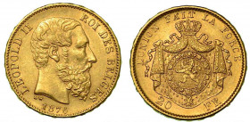 BELGIO. Leopold II, 1865-1909. 20 Francs 1876. Testa a d. R/ Stemma coronato. KM# 32. Oro. g. 6,43. SPL