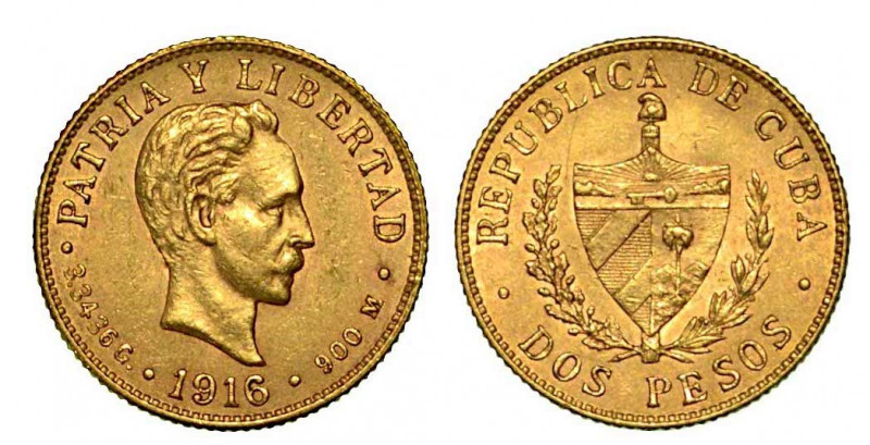 CUBA. Repubblica Cubana, 1902-1959. 2 Pesos 1916. Testa di Jose Martì, eroe nazi...
