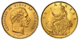DANIMARCA. Christian IX, 1863-1906. 20 Kroner 1873. Testa nuda a d. R/ Figura femminile in trono a s. KM# 791. Oro. g. 8,97. q.SPL
