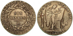 FRANCIA-CONVENTION, 1792-1795. 6 Livres 1793B. Valore in corona di quercia. R/ Angelo scrivente. Gad. 58. Arg. g. 29,20. MB
