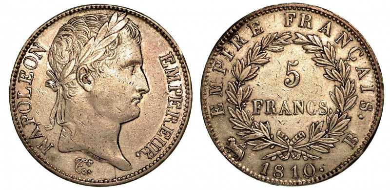 FRANCIA. Napoleon I, 1801-1815. 5 Francs 1810, zecca di Rouen. Testa a d. R/ Val...