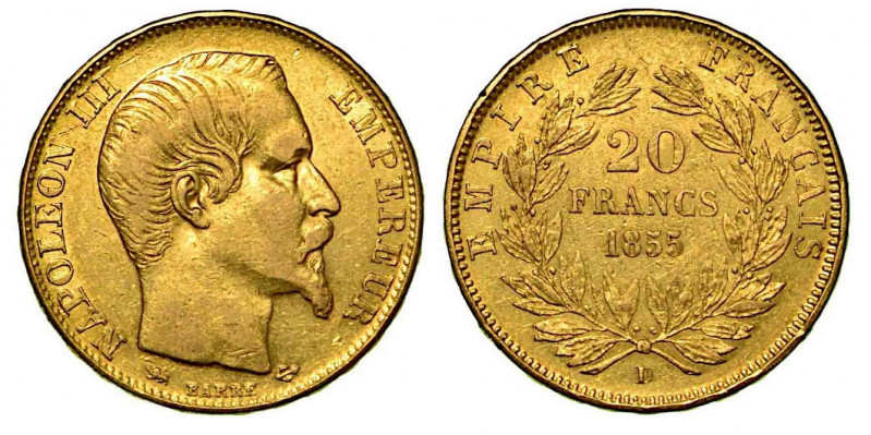 FRANCIA. Napoleon III, 1852-1870. 20 Francs 1855, zecca di Lione. Testa a d. R/ ...