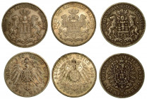 GERMANIA - AMBURGO. Lotto di 3 monete. 5 Marchi. 1876 (BB)-1903 (BB/SPL)-1913 (SPL-cartellino Oscar Rinaldi).. Esemplari in argento.