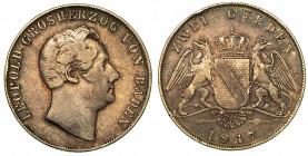 GERMANIA - BADEN. Karl Leopold Friedrich, 1830-1852. 2 Gulden 1847. Testa a d. R/ Stemma coronato. KM# 222. Arg. g. 20,99. MB
