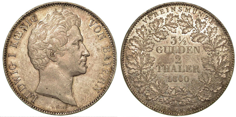 GERMANIA - BAVIERA. Ludwig I, 1825 - 1848. 2 Thaler 1840. Testa a d. R/ Valore i...