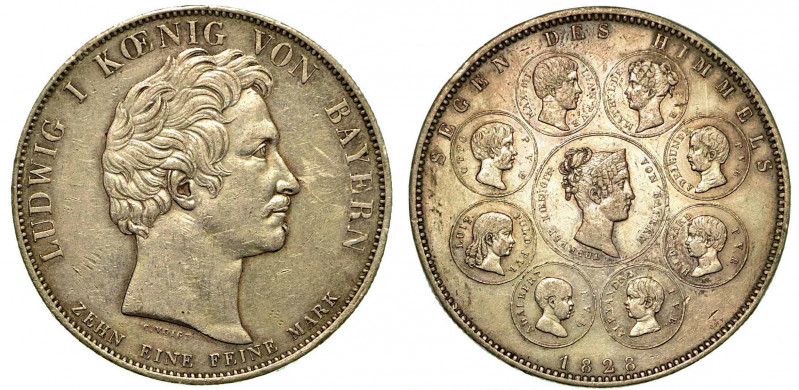 GERMANIA - BAVIERA. Ludwig I, 1825 - 1848. Thaler 1828. Testa a d. R/ Ritratti d...