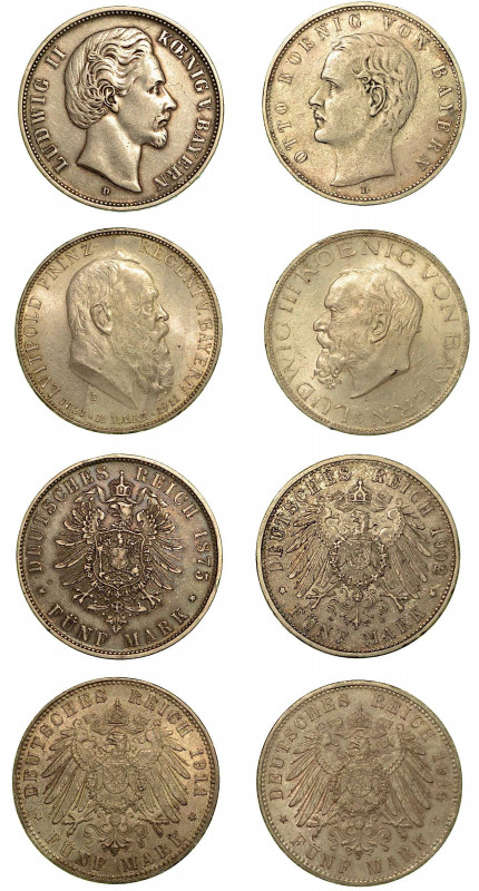 GERMANIA - BAVIERA. Lotto di quattro monete. 5 Mark 1875 (BB-con cartellino Sant...