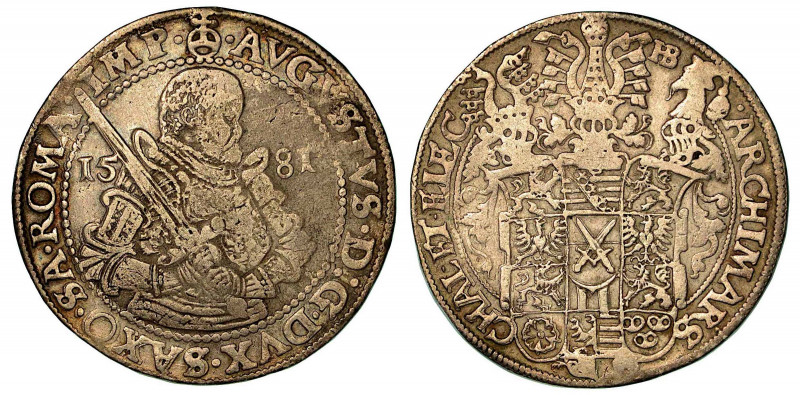 GERMANIA - SASSONIA. August I, 1553-1586. Thaler 1581-HB, zecca di Dresda. Busto...