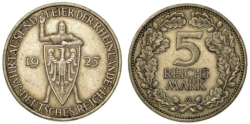 GERMANIA - REPUBBLICA DI WEIMAR, 1919-1933. 5 Reichsmark 1925 (Millenario Renani...