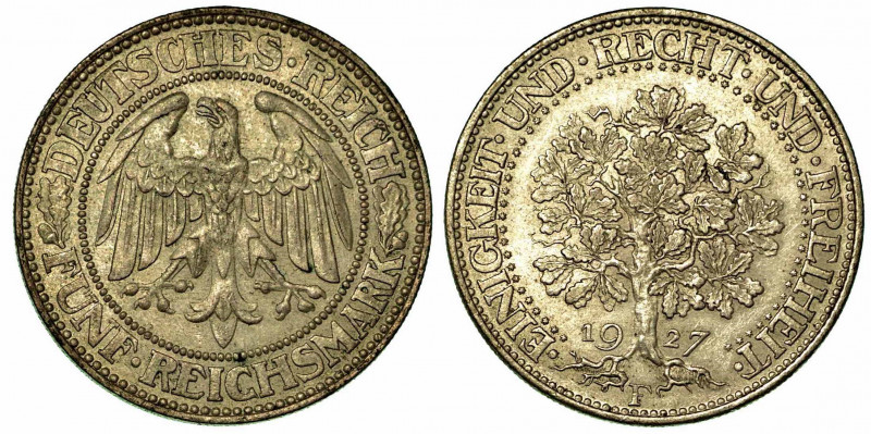 GERMANIA - REPUBBLICA DI WEIMAR, 1919-1933. 5 Reichsmark 1927F. Aquila. R/ Alber...