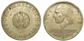 GERMANIA - REPUBBLICA DI WEIMAR, 1919-1933. 5 Reichsmark 1929F. Aquila. R/ Testa di Lessing a s. KM# 61. Arg. g. 24,93. BB