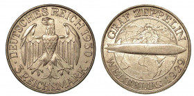 GERMANIA - REPUBBLICA DI WEIMAR, 1919-1933. 3 Reichsmark 1930, zecca di Berlino. Aquila. R/ Zeppelin su globo terrestre. J.343. Arg. 15,03. SPL