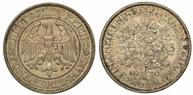GERMANIA - REPUBBLICA DI WEIMAR, 1919-1933. 5 Reichsmark 1930A. Aquila. R/ Albero. KM# 56. Arg. 24,99. BB/SPL