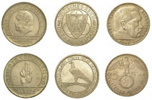 GERMANIA - REPUBBLICA DI WEIMAR, 1919-1933. Lotto di tre monete. 3 Reichsmark 1929 (BB) - 1930 (SPL). 5 Reichsmark 1937 (q.SPL). KM# 63 - 70 - 94.. Es...