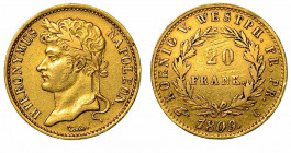 GERMANIA - WESTPHALIA. Hieronymus Napoleon 1807-1813. 20 frank 1809. Busto laureato a s. R/ Valore entro corona. KM# 103. Oro. g. 6,42. q.BB.

Raro....