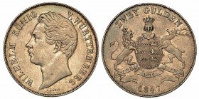 GERMANIA - WURTTEMBERG. Wilhelm I, 1816-1864. 2 Gulden 1847. Testa a s. R/ Stemma coronato. KM# 595. Arg. g. 21,20. q.BB