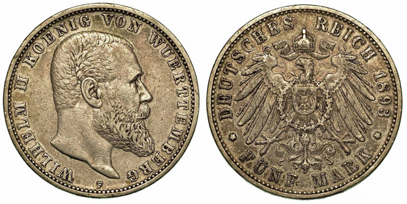 GERMANIA - WURTTEMBERG. Wilhelm II, 1891-1918. 5 Mark 1893. Testa a d. R/ Aquila...