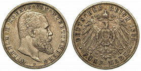 GERMANIA - WURTTEMBERG. Wilhelm II, 1891-1918. 5 Mark 1893. Testa a d. R/ Aquila coronata. KM# 632. Arg. g. 27,60. q.BB.

Con cartellino Oscar Rinal...