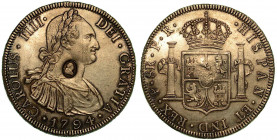 GRAN BRETAGNA. Carlos IV, 1788-1808. Moneta da 8 Reales 1794 di Carlos IV di Spagna contromarcata con l'effige di Giorgio III in ovale. Busto laureato...