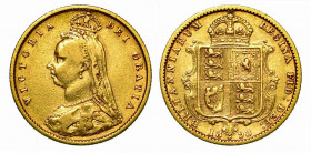 GRAN BRETAGNA. Victoria, 1837-1901. 1/2 Sovereign 1893, zecca di Melbourne. Busto coronato a s. R/ Stemma. Friedberg 21. Oro. g. 3,90. MB/BB