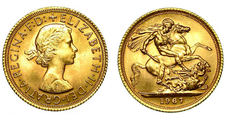 GRAN BRETAGNA. Elizabeth II, dal 1953. Sovereign 1967. Testa a d. R/ San Giorgio...
