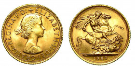 GRAN BRETAGNA. Elizabeth II, dal 1953. Sovereign 1967. Testa a d. R/ San Giorgio uccide il drago. KM# 908. Oro. g. 7,98. q.FDC