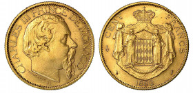 MONACO. Charles III, 1856-1889. 100 Francs 1882, zecca di Parigi. Testa nuda a d. R/ Stemma coronato. KM# 99. Gad. MC122. Fr. 11. Oro. g. 32.27. BB/SP...