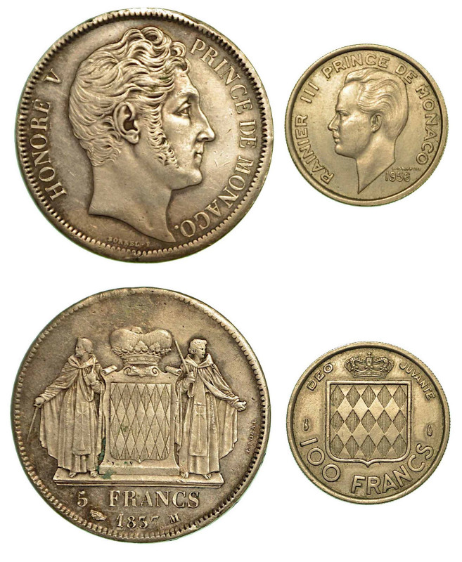 MONACO. Lotto di due monete. Honore V, 1819-1841. 5 Francs 1837. Testa a d. R/ S...