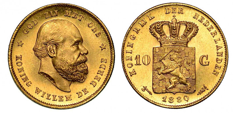PAESI BASSI. Willem III, 1849-1890. 10 Gulden 1880. Testa a d. R/ Stemma coronat...