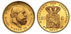 PAESI BASSI. Willem III, 1849-1890. 10 Gulden 1880. Testa a d. R/ Stemma coronato. Friedberg 342. Oro. g. 6,71. q.FDC