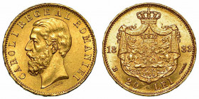 ROMANIA. Carol I, 1866-1914. 20 Lei 1883, zecca di Bucarest. Testa a s. R/ Stemma coronato. Friedberg 3. Oro. g. 6,44. SPL