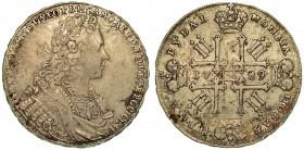 RUSSIA. Petr II, 1727-1730. Rublo 1729. Busto a d. R/ Croce coronata. KM# 182.3. Arg. g. 28,03. MB/BB