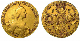 RUSSIA. Katerina II, 1762-1796. 10 Rubli 1767, zecca di San Pietroburgo. Busto a d. R/ Stemma a croce. KM# 79a. Oro. g. 13,02. MB/BB. Raro.
