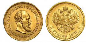 RUSSIA. Aleksandr III, 1881-1894. 5 Rubli 1887. Testa a d. R/ Aquila. Friedberg 168. Oro. g. 6,43. SPL