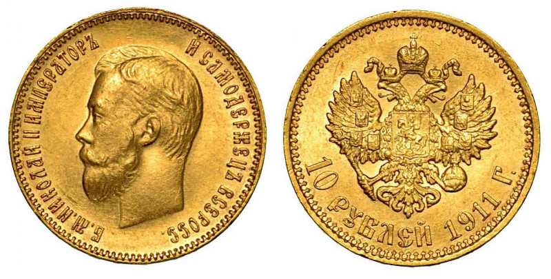 RUSSIA. Nikolaj II, 1894-1917. 10 Rubli 1911. Testa a s. R/ Aquila bicipite coro...