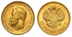 RUSSIA. Nikolaj II, 1894-1917. 10 Rubli 1911. Testa a s. R/ Aquila bicipite coronata. Friedberg 161. Oro. g. 8,60. q.SPL