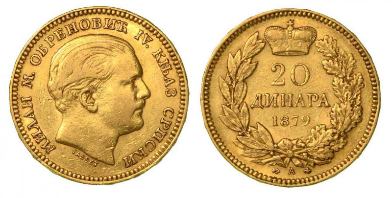 SERBIA. Milan Obrenovic IV, 1854-1901. 20 Dinara 1882, zecca di Vienna. Busto a ...