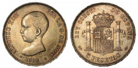 SPAGNA. Alfonso XIII, 1886-1931. 5 Pesetas 1888 MP – M, zecca di Madrid. Testa a s. R/ Stemma coronato. KM # 689. Arg. g. 25,10. SPL/FDC