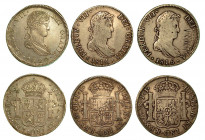 SPAGNA. Lotto di tre monete. Fernando VII, 1808-1821. 8 Reales. Varie zecche 1814 (B/MB) - 1815 (B/MB) - 1820 (SPL).. Esemplari in argento.