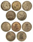 SPAGNA. Lotto di cinque monete. Governo provvisorio-Amedeo I, 1868-1873. 5 Pesetas. Conservazioni da MB a BB+.. Esemplari in argento.