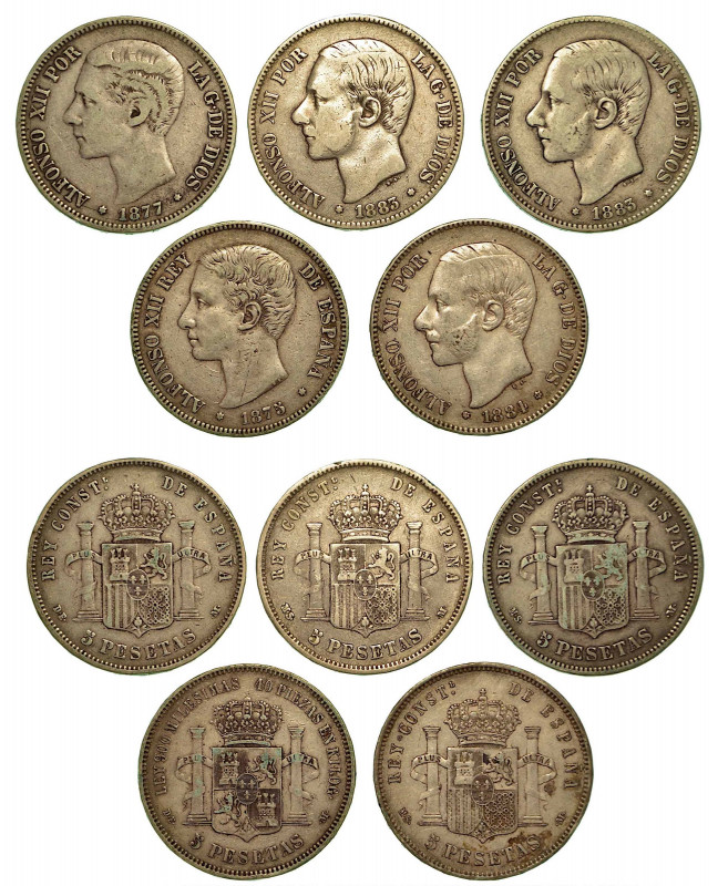 SPAGNA. Lotto di cinque monete. Alonso XII, 1874-1885. 5 Pesetas. Conservazioni ...