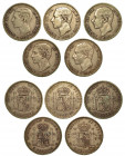 SPAGNA. Lotto di cinque monete. Alonso XII, 1874-1885. 5 Pesetas. Conservazioni da MB/BB a BB.. Esemplari in argento.