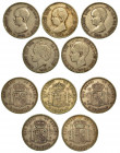 SPAGNA. Lotto di cinque monete. Alonso XIII, 1886-1931. 5 Pesetas. Conservazioni da MB a MB/BB.. Esemplari in argento.