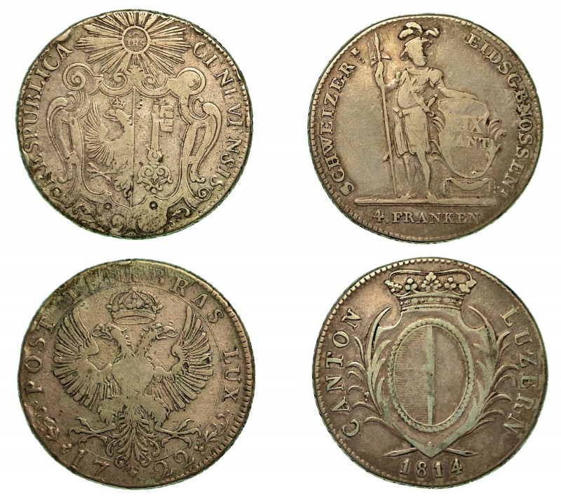 SVIZZERA. Lotto di due monete. Ginevra, Tallero 1722 (MB-colpi). Lucerna, 4 Fran...