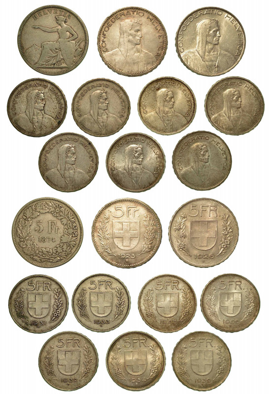 SVIZZERA. Lotto di dieci monete. 5 Francs 1874B - 1923 - 1926 - 1931 - 1932 - 19...
