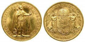 UNGHERIA. Franz Joseph, 1848-1916. 100 Korona 1908. L'imperatore stante a d. regge scettro con la mano d. e globo con la s. R/ Stemma coronato sorrett...