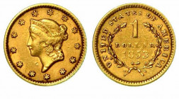 USA. Liberty dollar in oro 1853, zecca di Philadelphia. Testa della Libertà a s. R/ Valore e data entro corona di alloro. KM# 73. Oro g. 1,66. BB+