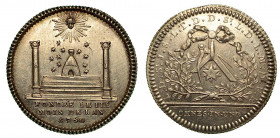 FRANCIA. Medaglia in argento, anno massonico 5760 (1760). Alveare posto su rialzo a quattro gradini affiancato da due colonne recanti le lettere B e J...