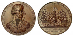 AMMIRAGLIO ORAZIO NELSON, 1758-1805. BATTAGLIA DI ABOUKIR. Medaglia in bronzo 1798. Busto in uniforme rivolto leggermente a destra. R/ Nave a vela in ...